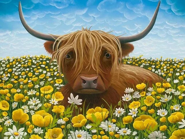 Diamond Painting Kit 5D Mosaic - Daisy Highlander Cow