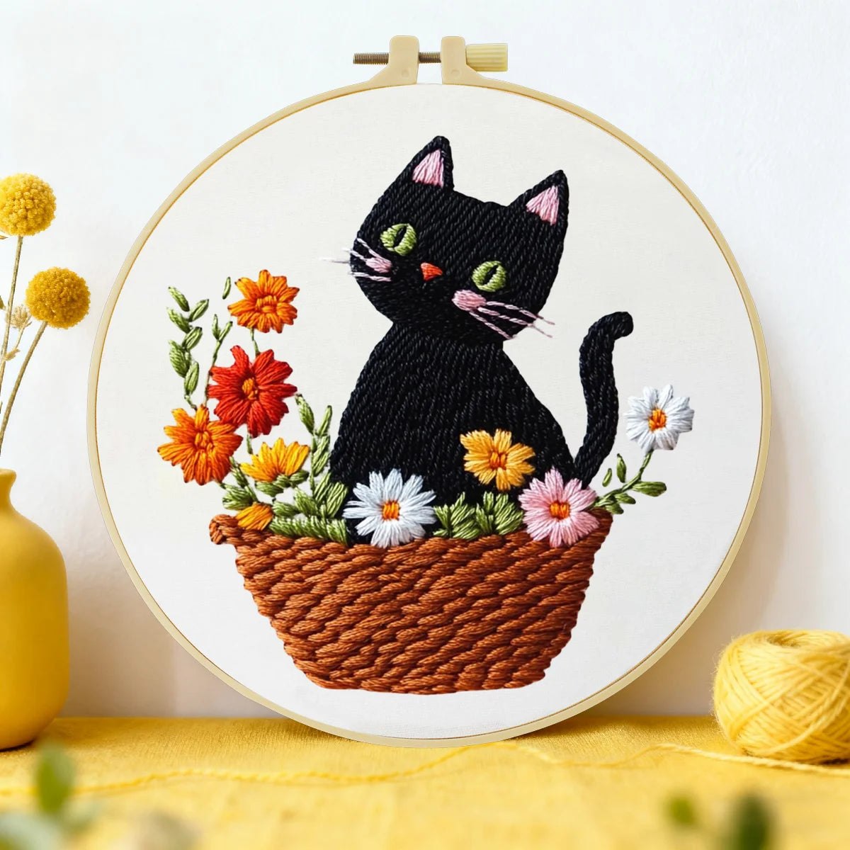 Embroidery DIY Starter Kit - Black Cat Flower Basket