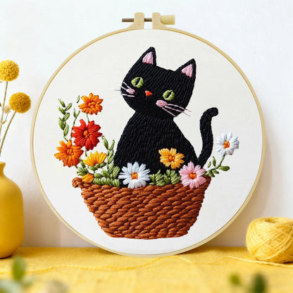 Embroidery DIY Starter Kit - Black Cat Flower Basket