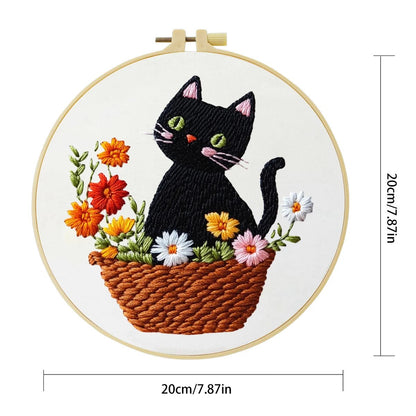 Embroidery DIY Starter Kit - Black Cat Flower Basket