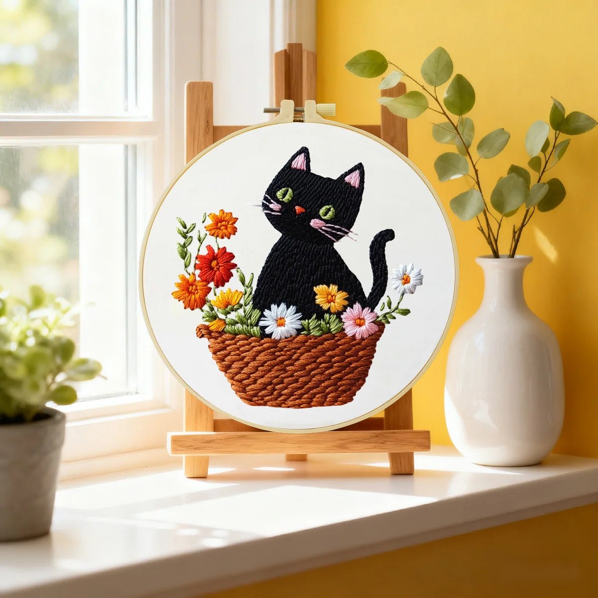 Embroidery DIY Starter Kit - Black Cat Flower Basket