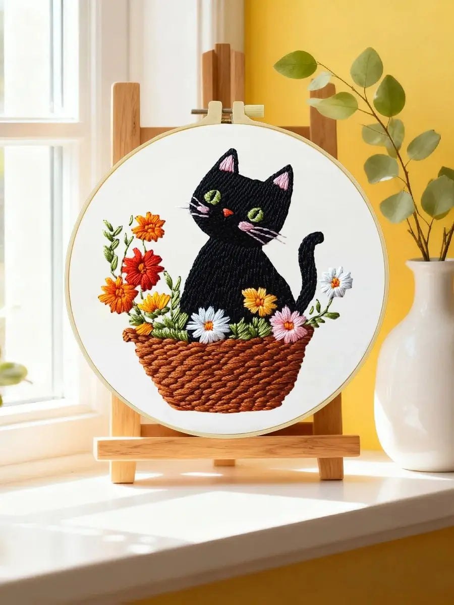 Embroidery DIY Starter Kit - Black Cat Flower Basket