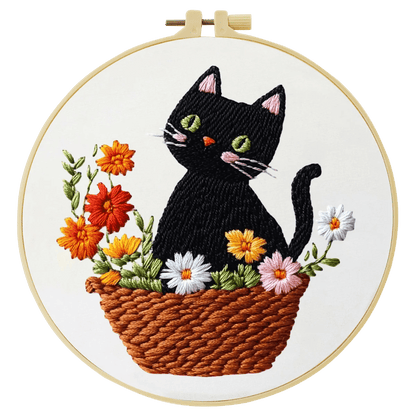 Embroidery DIY Starter Kit - Black Cat Flower Basket
