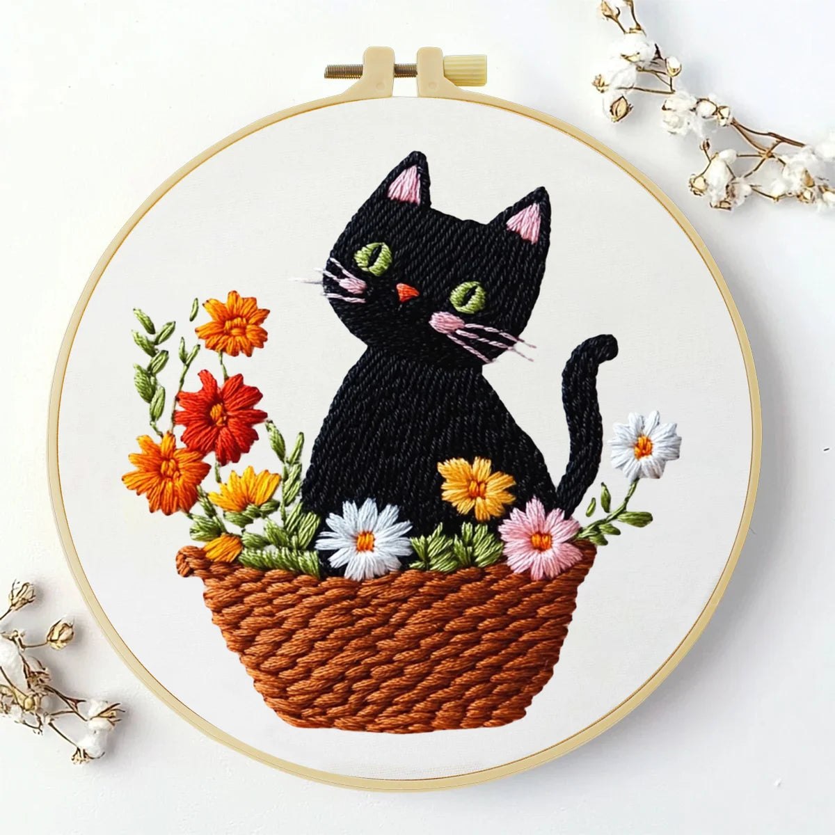 Embroidery DIY Starter Kit - Black Cat Flower Basket