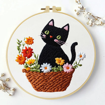 Embroidery DIY Starter Kit - Black Cat Flower Basket