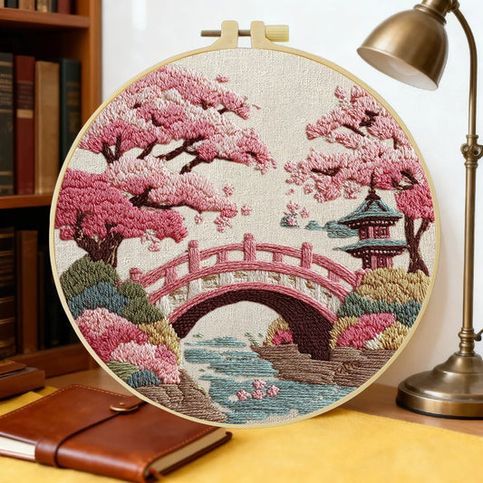 Embroidery DIY Starter Kit - Japanese Bridge and Cherry Blossoms