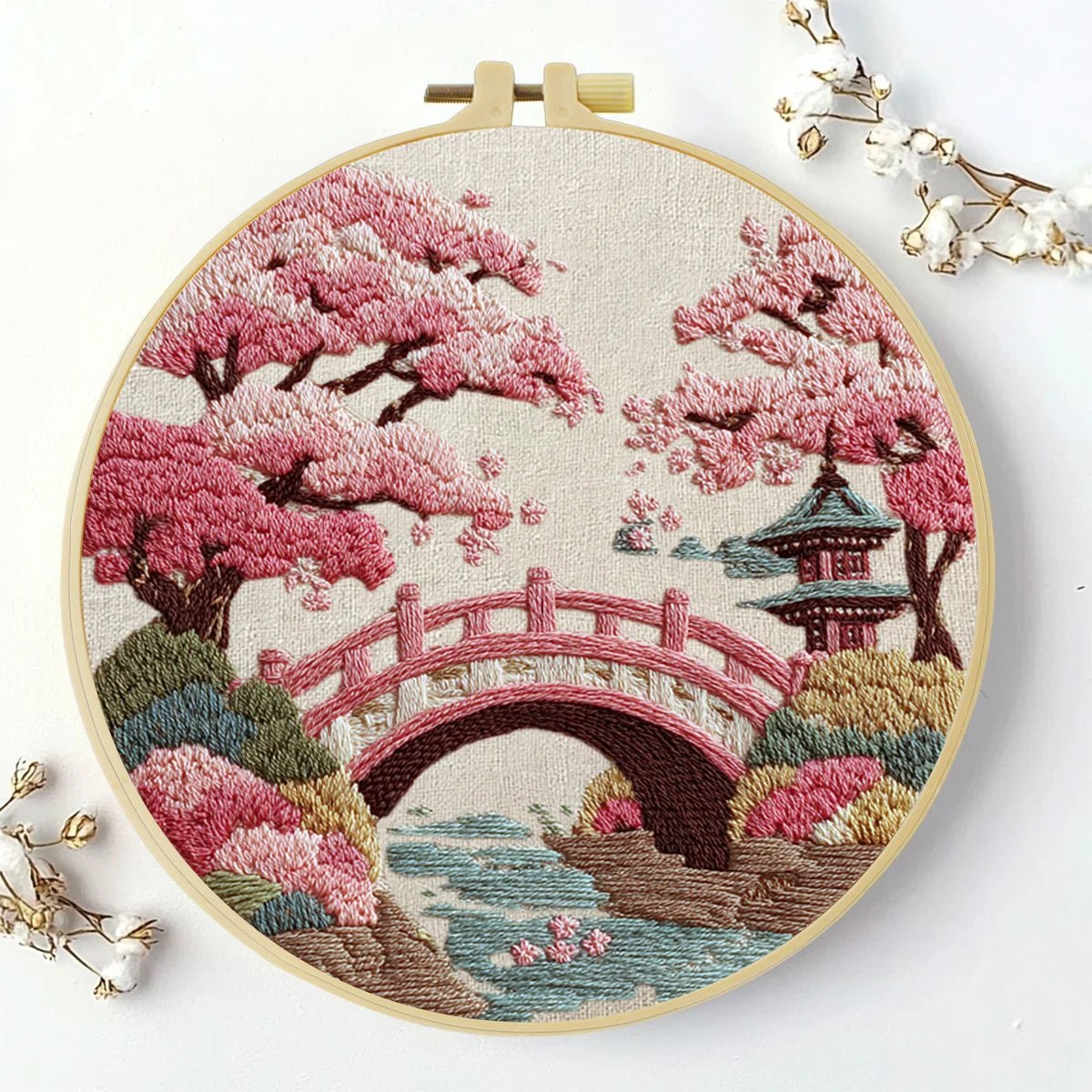 Embroidery DIY Starter Kit - Japanese Bridge and Cherry Blossoms