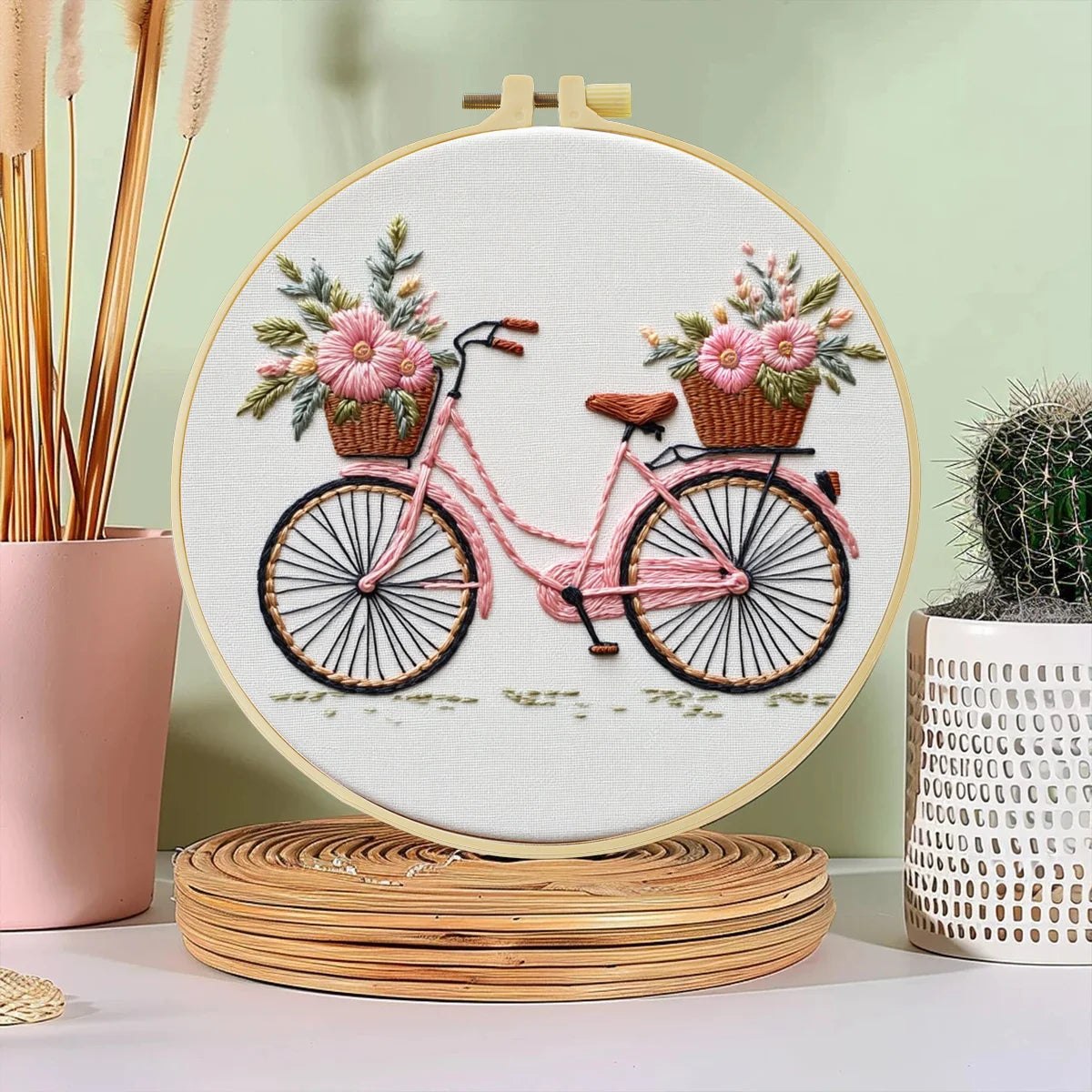 Embroidery DIY Starter Kit - Pink Retro Bike Flower Basket
