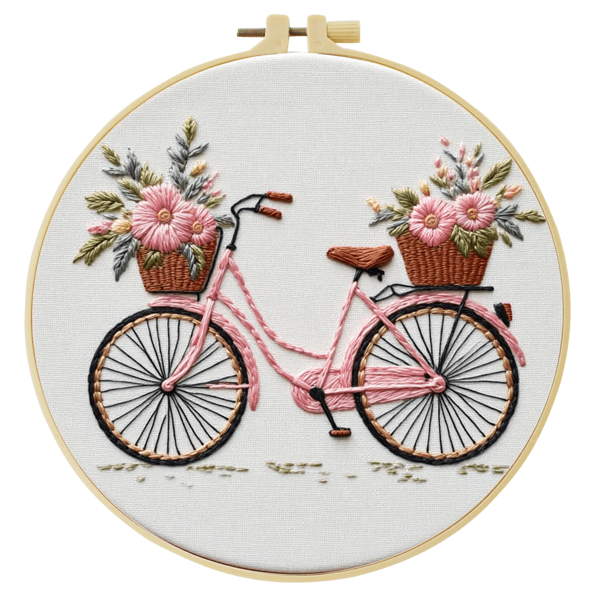 Embroidery DIY Starter Kit - Pink Retro Bike Flower Basket
