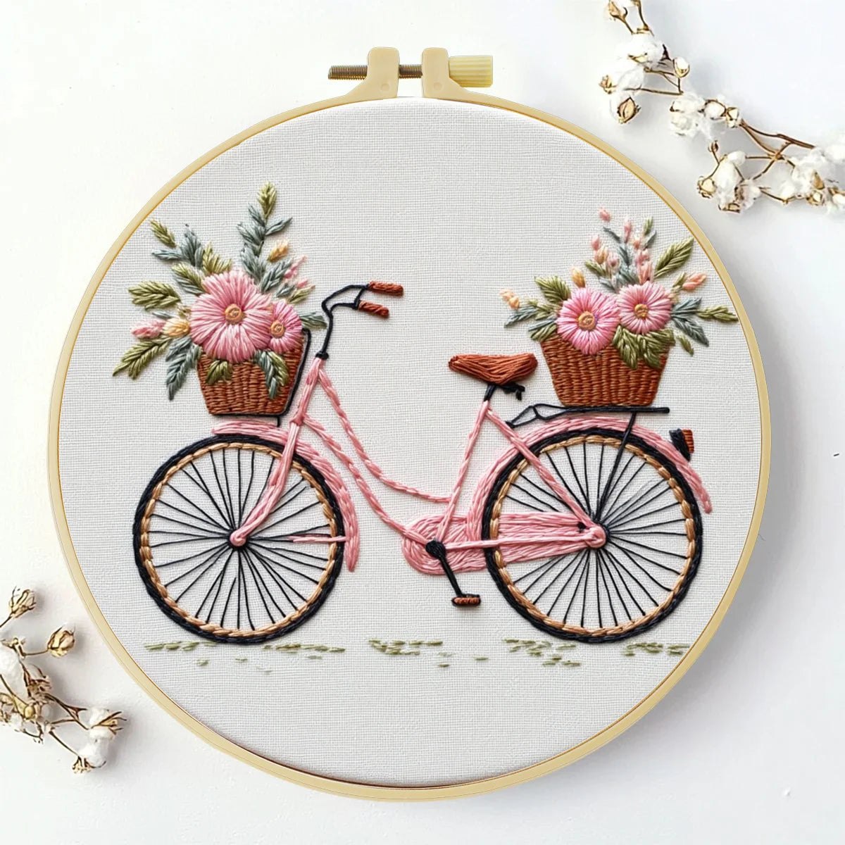 Embroidery DIY Starter Kit - Pink Retro Bike Flower Basket