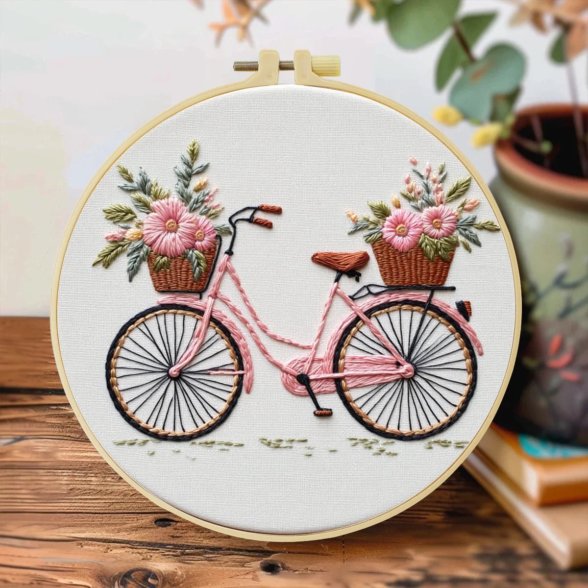 Embroidery DIY Starter Kit - Pink Retro Bike Flower Basket