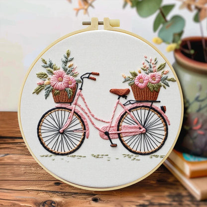 Embroidery DIY Starter Kit - Pink Retro Bike Flower Basket