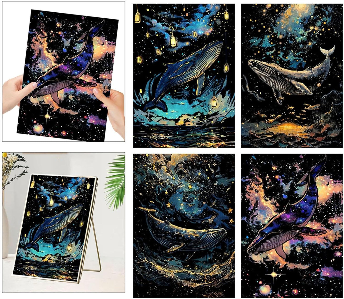 Glow In The Dark Scratch Art Painting Drawing 4 x A4 Designs Bundle - Whales