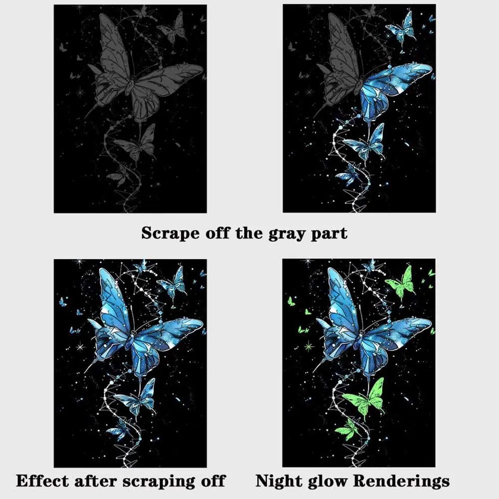 Glow In the Dark Scratch Art Painting Drawing 4 x A4 Designs Bundle - Butterflies