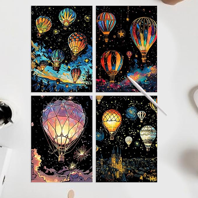 Glow In the Dark Scratch Art Painting Drawing 4 x A4 Designs Bundle - Hot Air Balloons