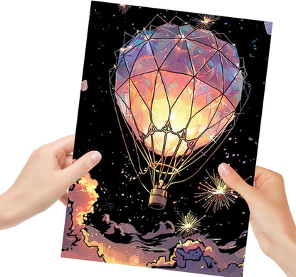 Glow In the Dark Scratch Art Painting Drawing 4 x A4 Designs Bundle - Hot Air Balloons