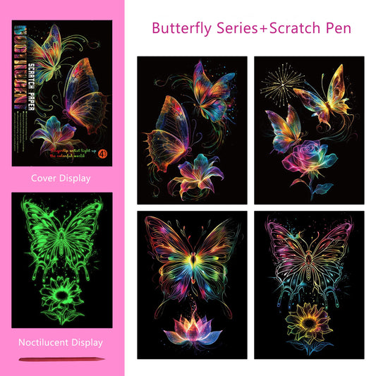 Glow in the Dark DIY Scratch Painting Set 4 Pcs/Set A4 - Butterflies