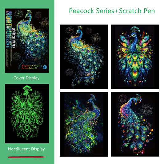 Glow in the Dark DIY Scratch Painting Set 4 Pcs/Set A4 - Peacock