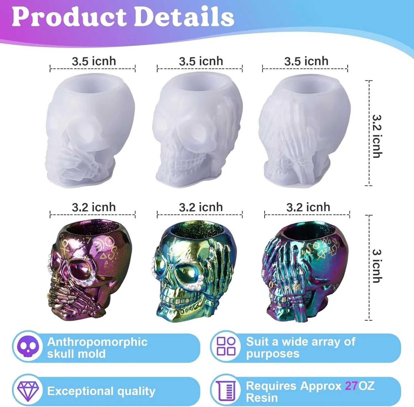 Hear-no Evil, Speak-no Evil, See-no Evil Skull Silicone Moulds for Resin Crafts