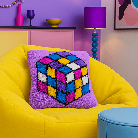Latch Hook Pillow Making Kit - 80s Retro Rubix Cube - Crafting Fun