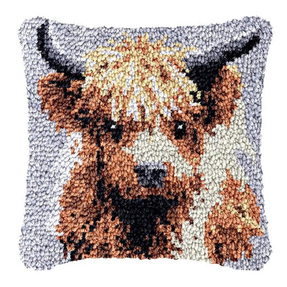 Latch Hook Pillow Making Kit - Baby Highland Cow Grey Brown Design