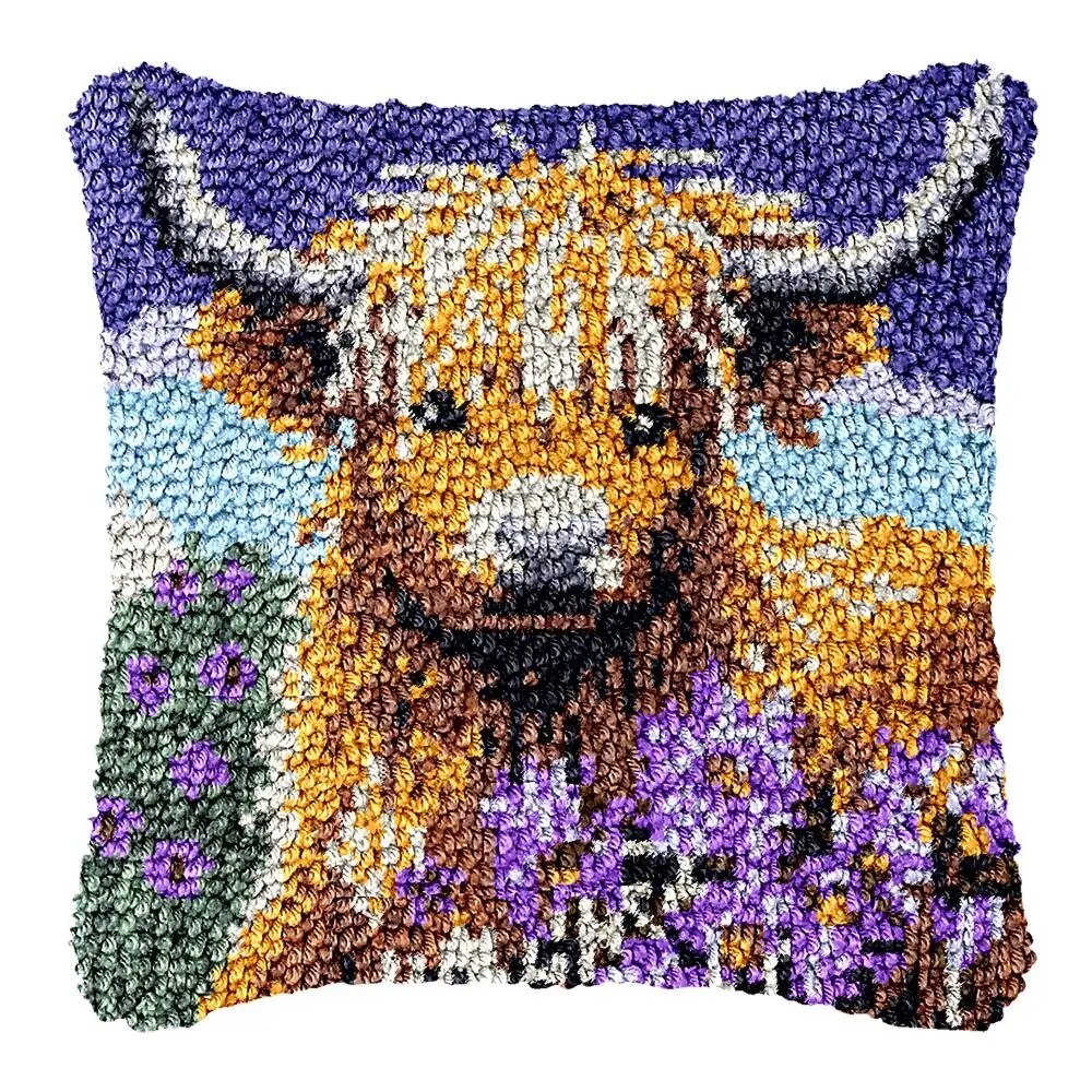 Latch Hook Pillow Making Kit - Baby Highland Cow with Purple Flowers