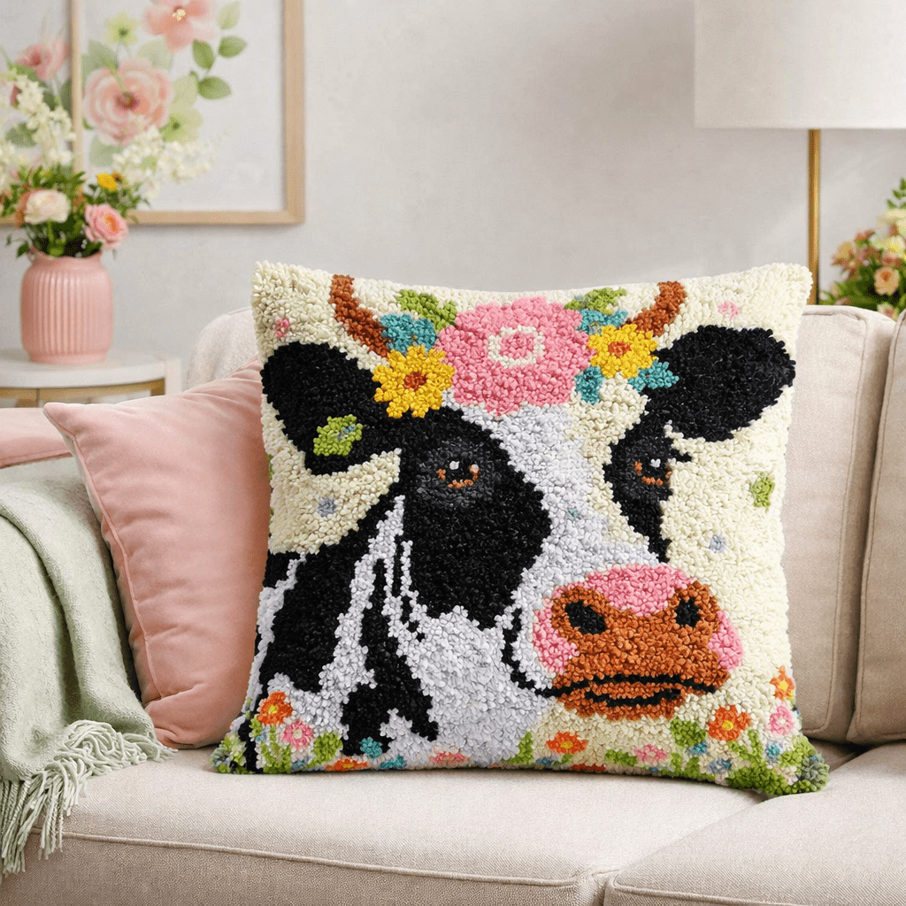 Latch Hook Pillow Making Kit - Blissful Moo Cow - DIY Craft Project