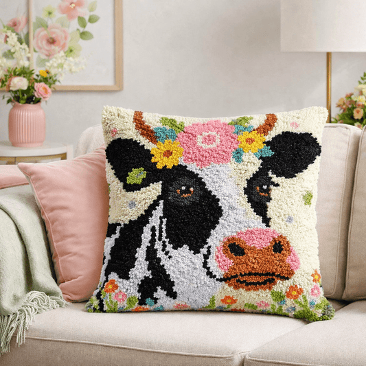 Latch Hook Pillow Making Kit - Blissful Moo Cow - DIY Craft Project