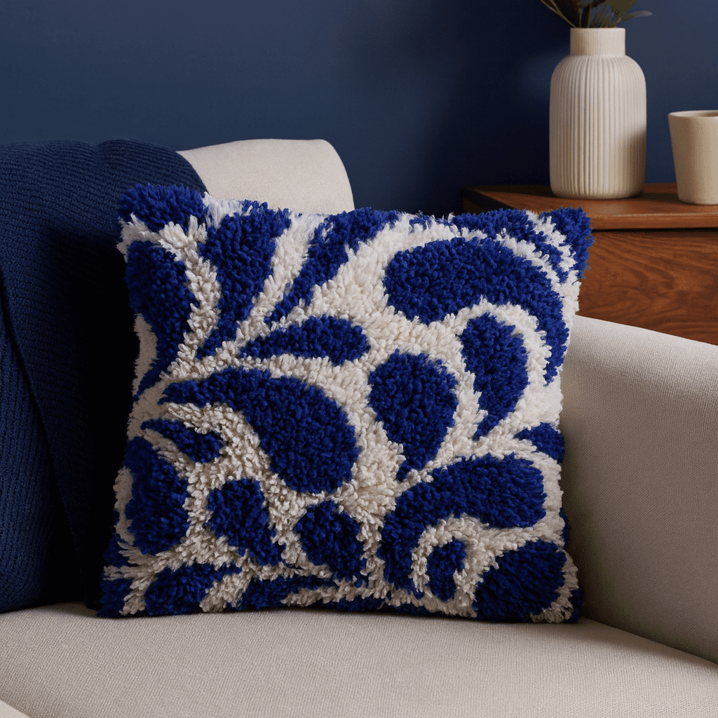 Latch Hook Pillow Making Kit - Blue Botanical Blossom - Crafty DIY Project