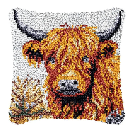 Latch Hook Pillow Making Kit - Brown Hairy Cow Design