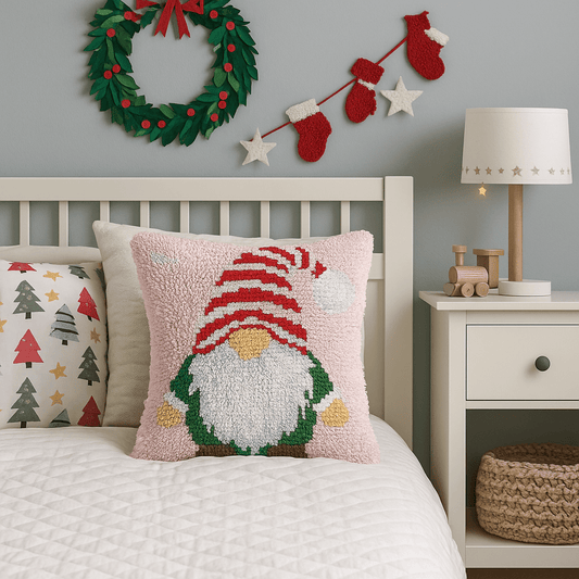 Latch Hook Pillow Making Kit - Christmas Gnome - Holiday Crafting Fun