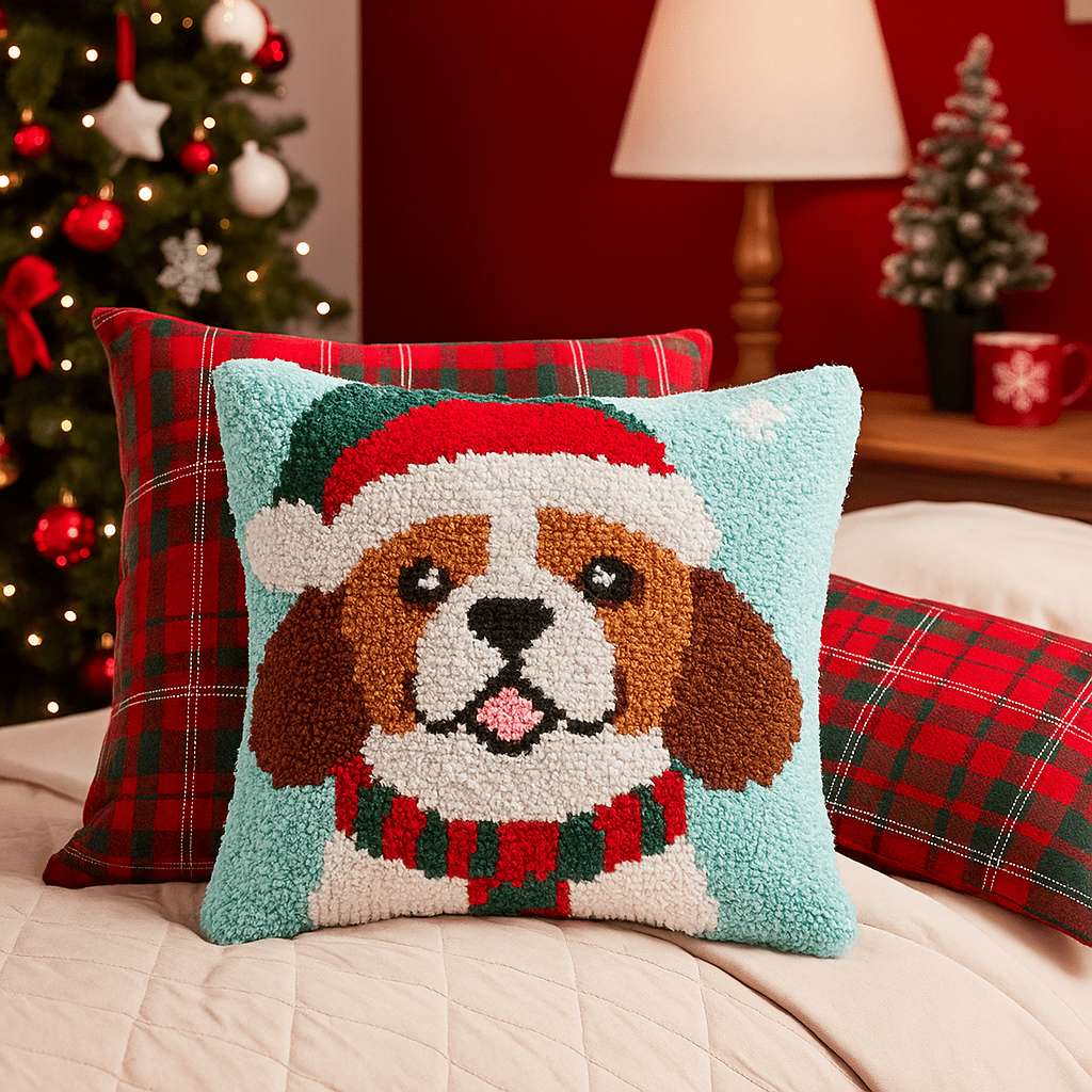 Latch Hook Pillow Making Kit - Christmas Puppy Dog - Crafting Fun