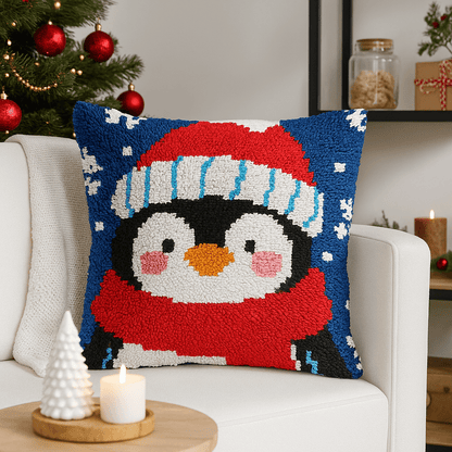 Latch Hook Pillow Making Kit - Christmas Winter Penguin - DIY Craft Project