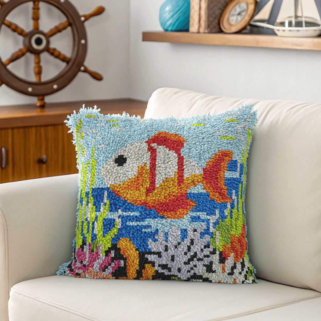 Latch Hook Pillow Making Kit - Colorful Coral Reef Fish Design