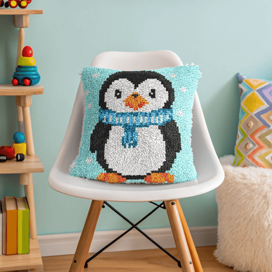 Latch Hook Pillow Making Kit - Cute Winter Penguin Design Kit