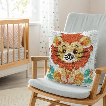 Lion Latch Hook Pillow Kit - 17x17 Inch DIY Craft Kit With Pre-Printed Canvas & Yarn