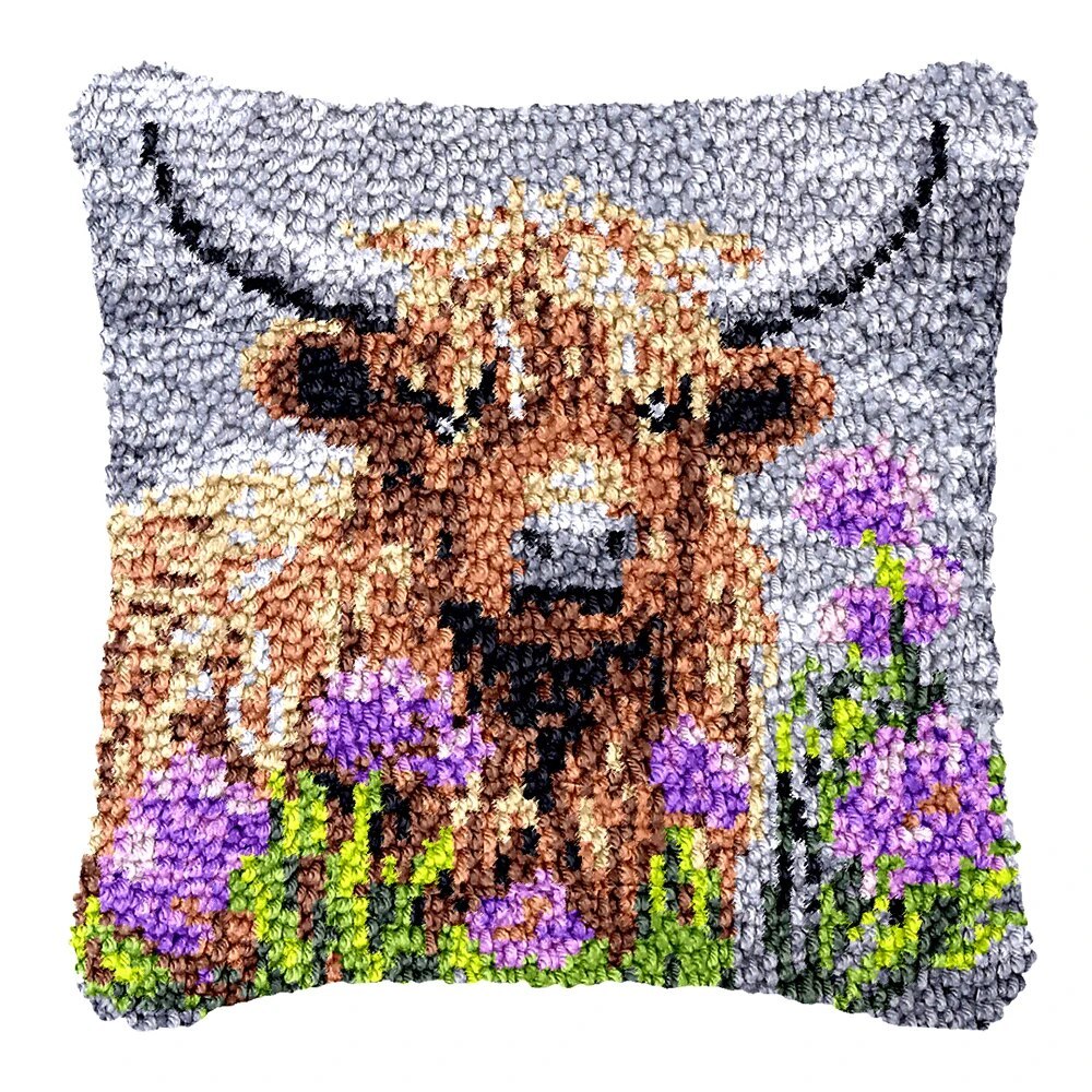 Latch Hook Pillow Making Kit - Highland Cow Lavender Field Design