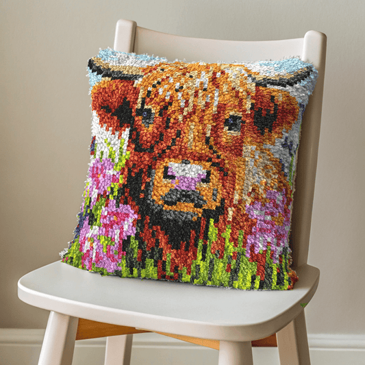 Latch Hook Pillow Making Kit - Highlander Hairy Cow Flower Field Design