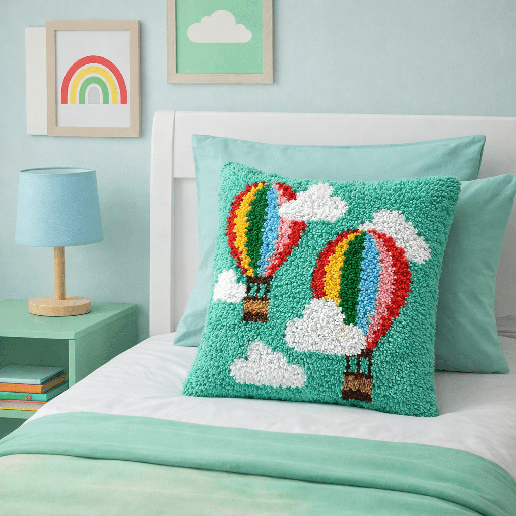 Latch Hook Pillow Making Kit - Hot Air Balloons - DIY Craft Project