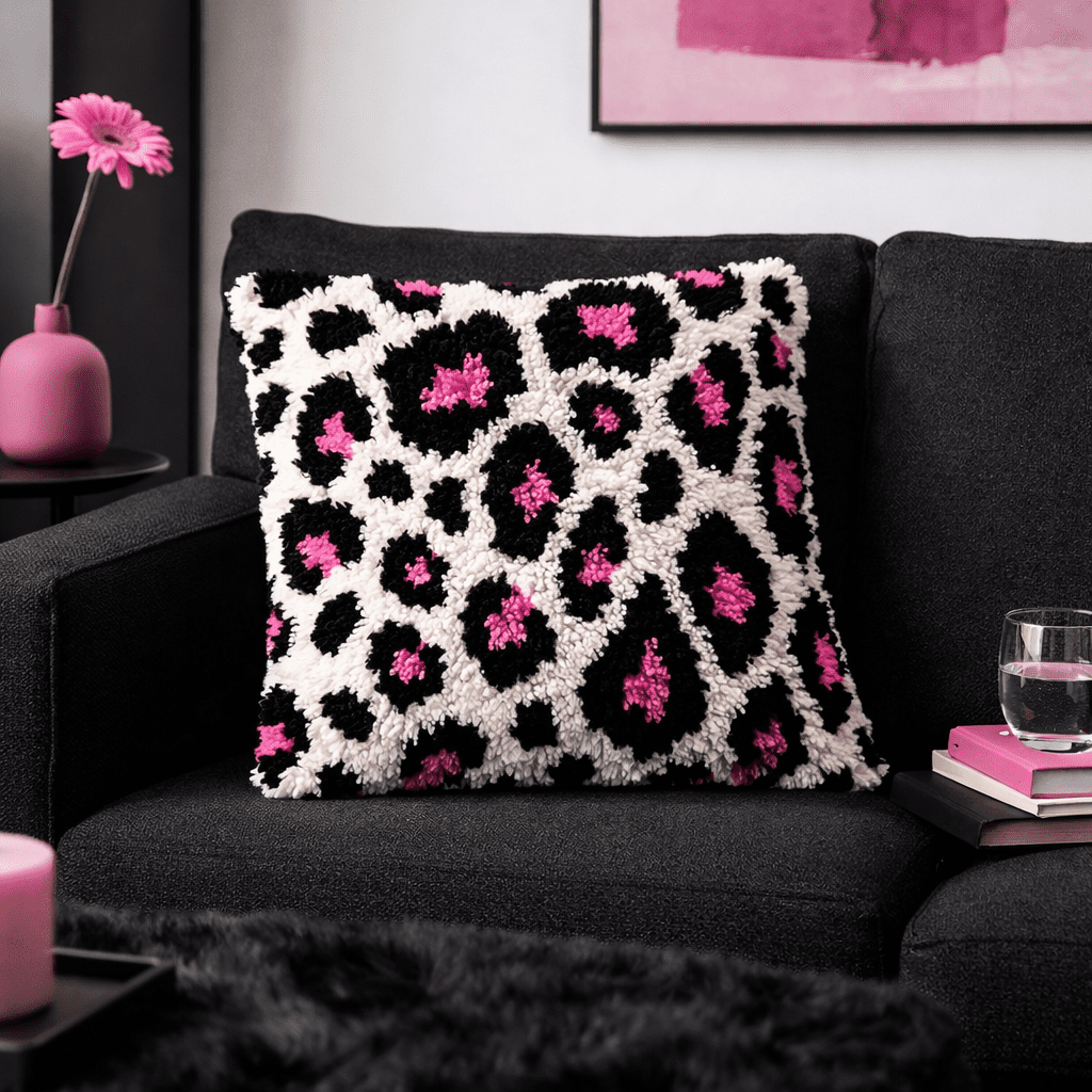 Latch Hook Pillow Making Kit - Hot Pink Leopard Print - DIY Craft Project