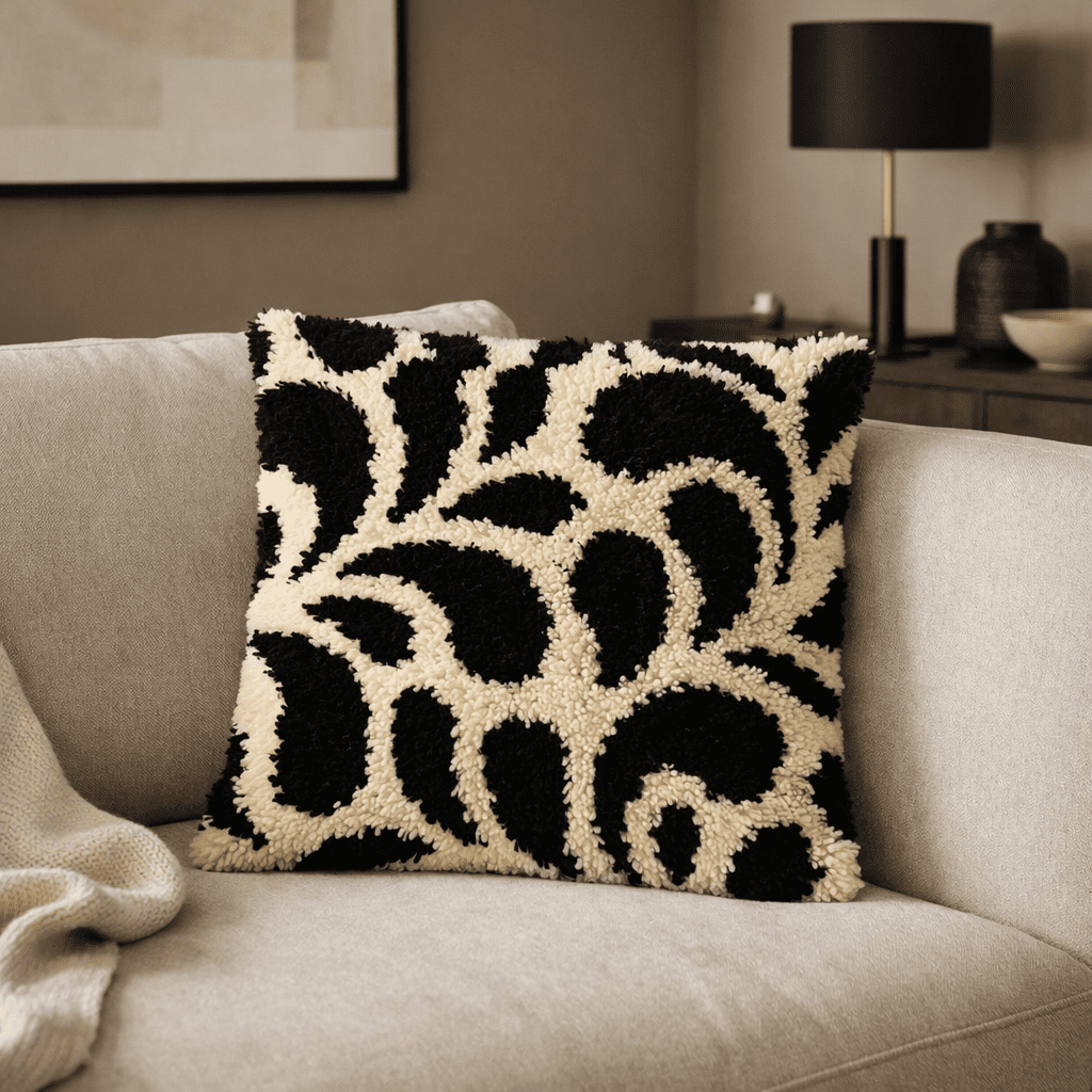 Latch Hook Pillow Making Kit - Monochrome Botanical Blossom