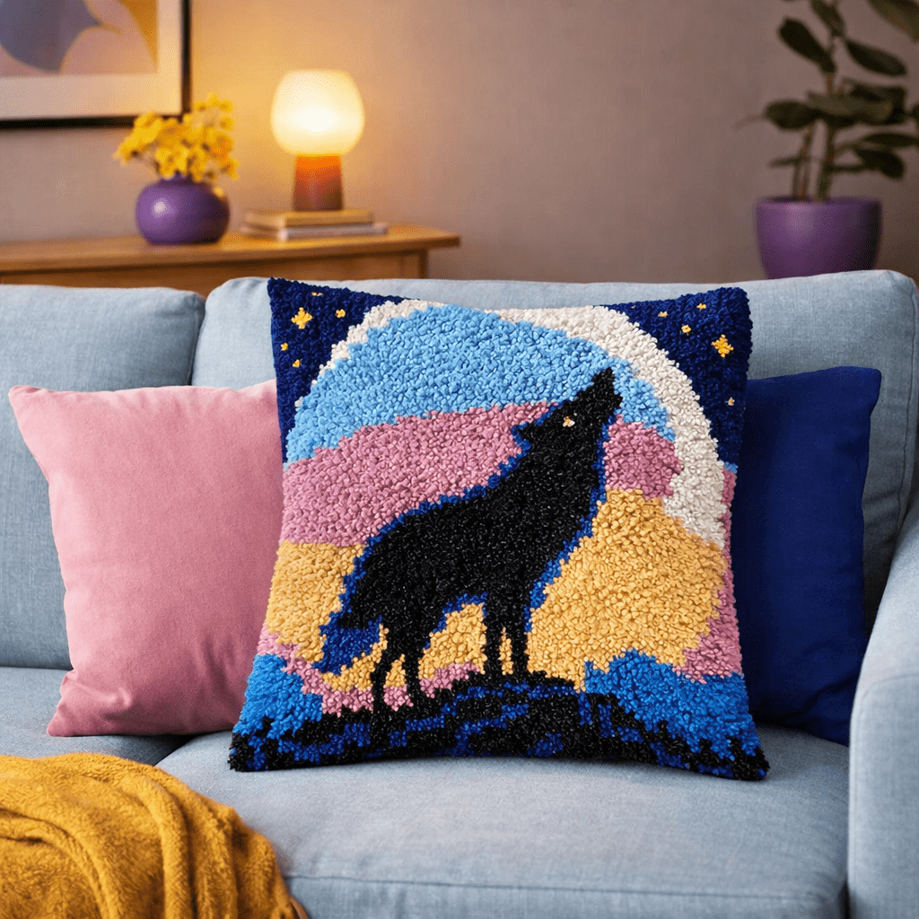 Latch Hook Pillow Making Kit - Moonlight Wolf Howl - DIY Craft Project