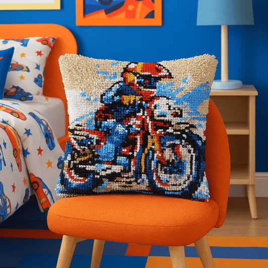 Latch Hook Pillow Making Kit - Motorbike Speedstar - Creative Craft Project