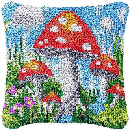Latch Hook Pillow Making Kit - Mystical Red Mushrooms Design
