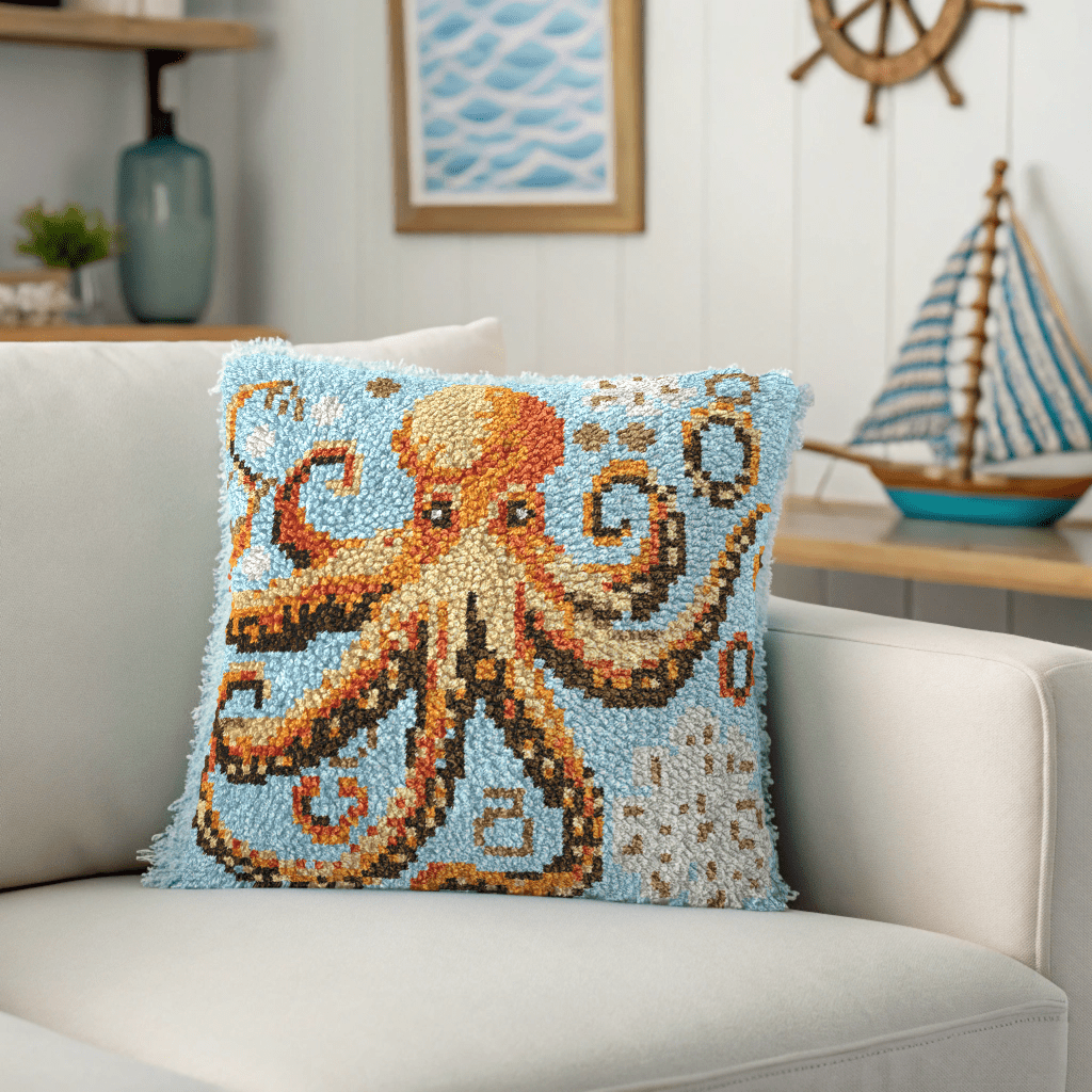 Latch Hook Pillow Making Kit - Nautical Octopus Design Kit