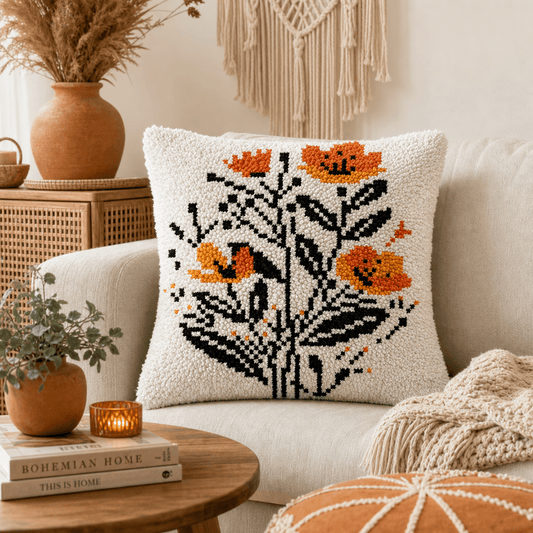Latch Hook Pillow Making Kit - Orange Boho Blossom Design