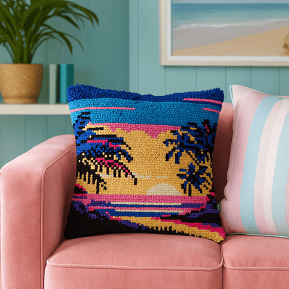 Latch Hook Pillow Making Kit - Paradise Beach Sunset Scene