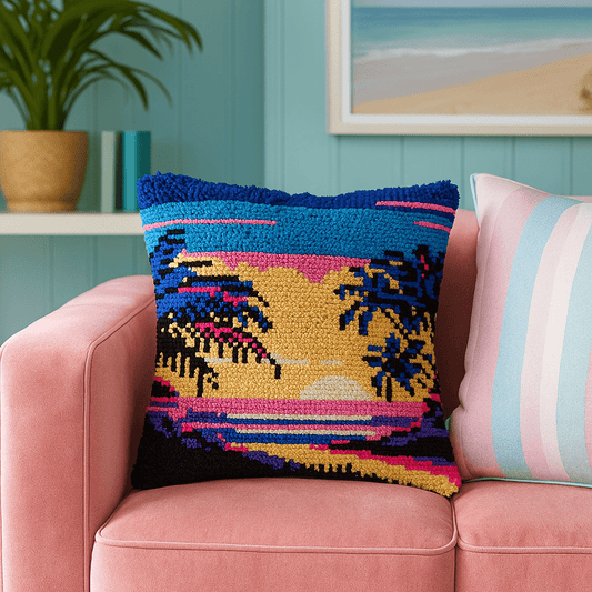 Latch Hook Pillow Making Kit - Paradise Beach Sunset Scene