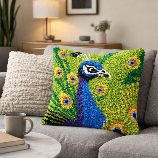 Latch Hook Pillow Making Kit - Peacock Pride - Creative Craft Project