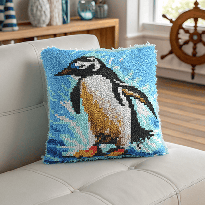 Latch Hook Pillow Making Kit - Penguin Makes a Splash Design